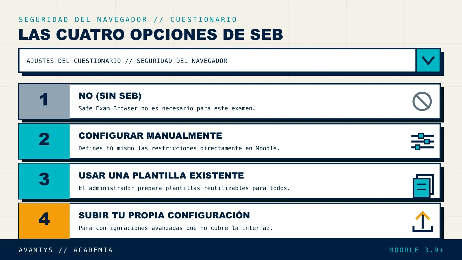 Opciones de configuración de Safe Exam Browser en un cuestionario de Moodle