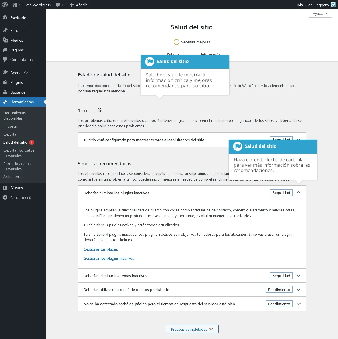 Seccion Herramientas en el panel de WordPress