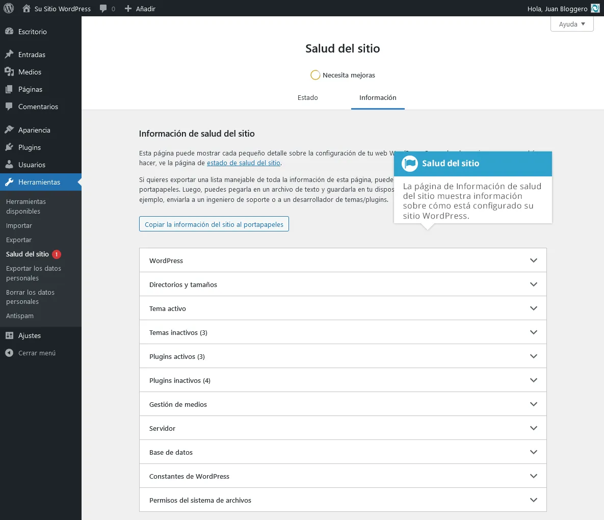 Opciones de Herramientas en WordPress